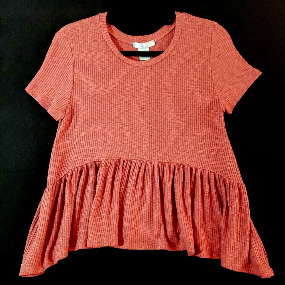 Good Luck Gem Womens Medium Blouse Rust Ribbed Peplum Short Sleeve Stretch Tunic